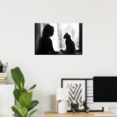 窓辺で雨を眺める猫と瞑想する女性 ポスター (ホームオフィス)