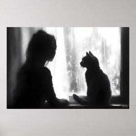 窓辺で雨を眺める猫と瞑想する女性 ポスター