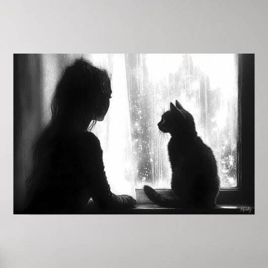 窓辺で雨を眺める猫と瞑想する女性 ポスター (正面)