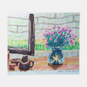 窓辺のお茶と花 フリースブランケット (正面(横))