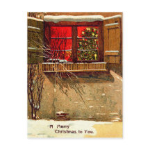 窓辺のろうそくに照らされたクリスマスツリーの冬の小屋