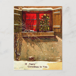 窓辺のろうそくに照らされたクリスマスツリーの冬の小屋 シーズンポストカード