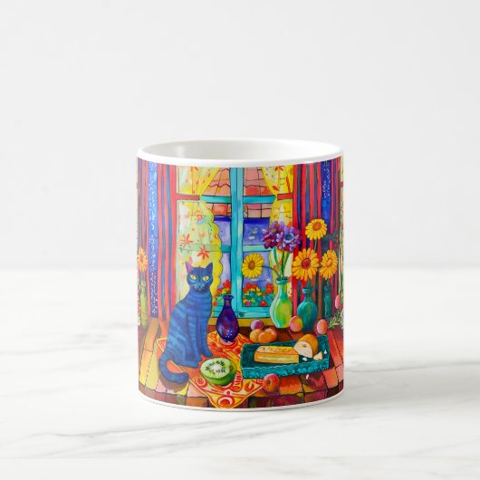 窓辺のキッチンテーブルにいる猫 コーヒーマグカップ (中央)