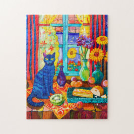 窓辺のキッチンテーブルに佇む猫の絵 ジグソーパズル