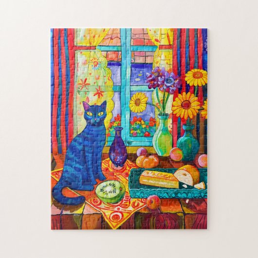 窓辺のキッチンテーブルに佇む猫の絵 ジグソーパズル (縦)