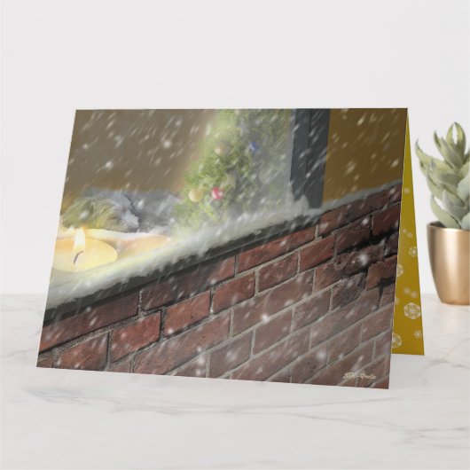 窓辺のキャンドル・眠る犬 (2)　クリスマスカード カード (小さな植物)