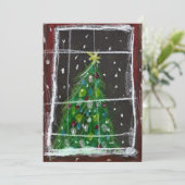 窓辺のクリスマスツリー　夜　雪　ライト シーズンカード (スタンド正面)