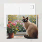 窓辺のシャム猫と庭の眺め ポストカード (正面/裏面)