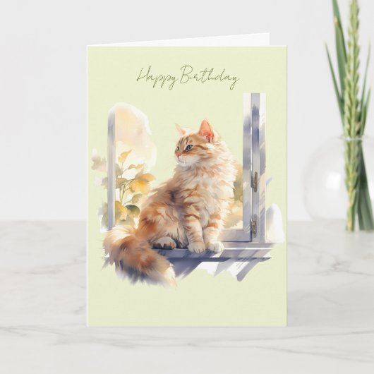 窓辺のジンジャー/オレンジ色の猫 誕生日カード カード (正面)
