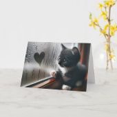 窓辺のハートと誕生日の子猫 カード (黄色い花)