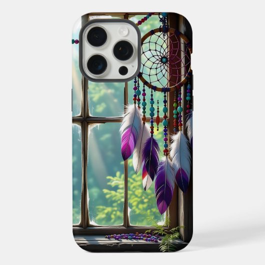 窓辺のボヘミアンな紫のドリームキャッチャー iPhoneケース (裏面)