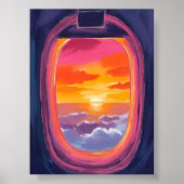 窓辺の夕焼け 飛行機の旅 絵画 ポスター (正面)