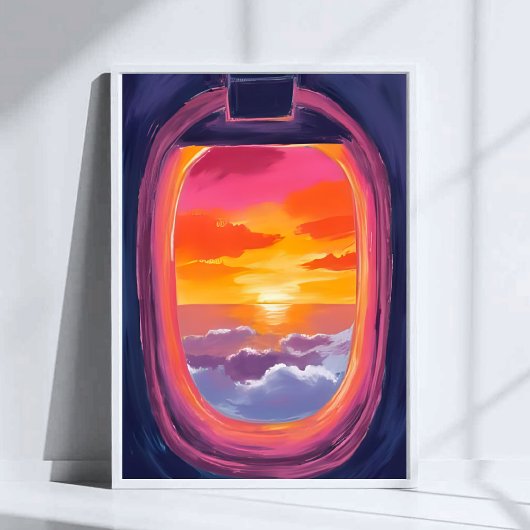 窓辺の夕焼け 飛行機の旅 絵画 ポスター