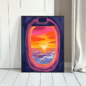 窓辺の夕焼け 飛行機の旅 絵画 ポスター