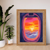 窓辺の夕焼け 飛行機の旅 絵画 ポスター