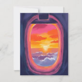 窓辺の席で見る夕陽の飛行機旅行のペイントカード (正面)