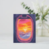窓辺の席で見る夕陽の飛行機旅行のペイントカード (スタンド正面)