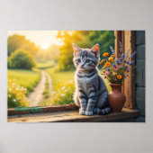 窓辺の愛らしい茶トラの子猫と野の花 ポスター (正面)