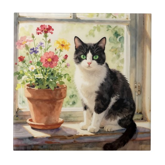 窓辺の水彩の猫と花 タイル (正面)