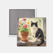 窓辺の水彩猫と花 マグネット (正面/裏面)