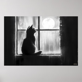 窓辺の猫のシルエット 月明かり ポスター