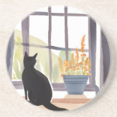 窓辺の猫 | シルエット水彩画 コースター (正面)