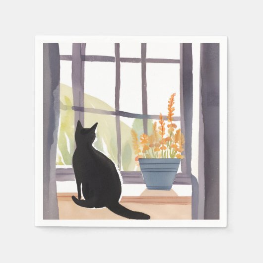 窓辺の猫 | シルエット 水彩画 スタンダードカクテルナプキン (正面)