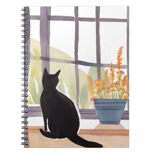 窓辺の猫 | シルエット 水彩画 ノートブック (正面)