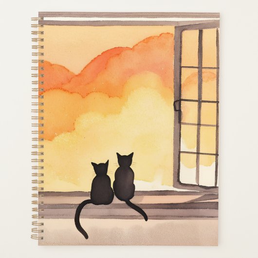 窓辺の猫｜水彩画のシルエット 日没 プランナー手帳 (正面)