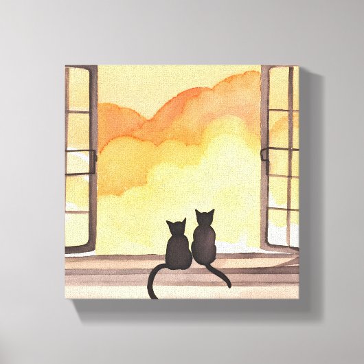 窓辺の猫｜水彩画風のシルエット 日没 キャンバスプリント (正面)