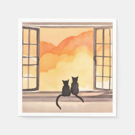 窓辺の猫|水彩画風のシルエット 日没 スタンダードカクテルナプキン