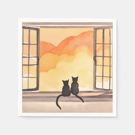 窓辺の猫｜水彩画風のシルエット 日没 スタンダードカクテルナプキン (正面)