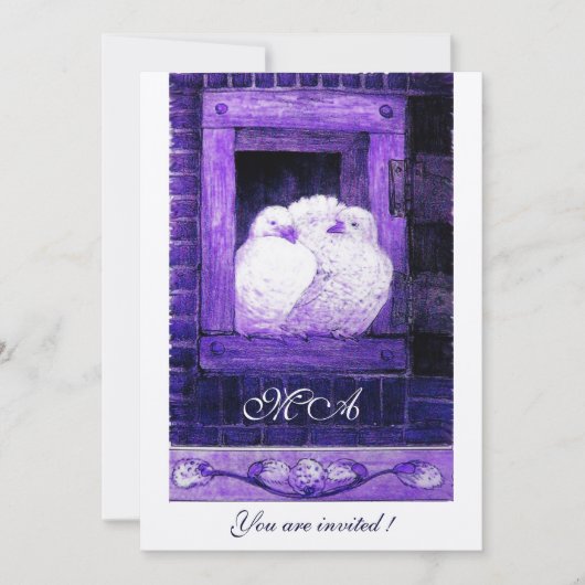 窓辺の白い鳩のモノグラム、シャンパン 招待状 (正面)