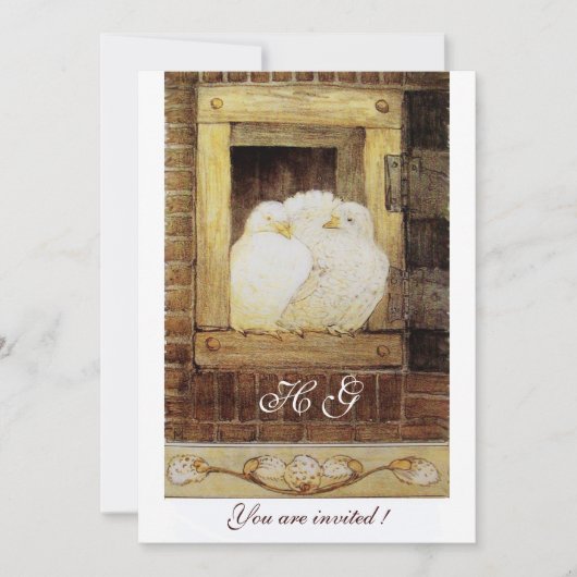 窓辺の白い鳩のモノグラム、茶黄色 招待状 (正面)