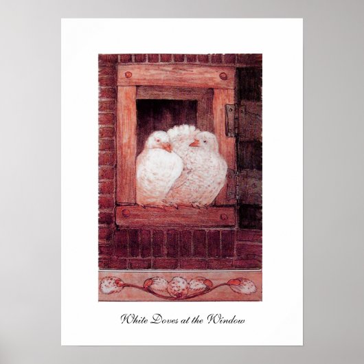 窓辺の白い鳩、アンティークな赤いピンク ポスター (正面)