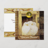 窓辺の白い鳩 茶色と黄色のウェディングパーティ 招待状 (正面/裏面)