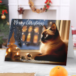 窓辺の美しいシャム猫 クリスマスの祝祭 シーズンカード