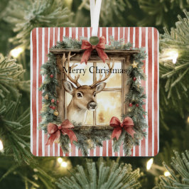 窓辺の赤い縞模様のリボンとクリスマスの鹿 メタルオーナメント