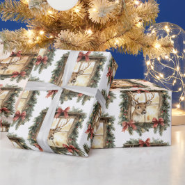窓辺の鹿と赤いリボンのクリスマス ラッピングペーパー