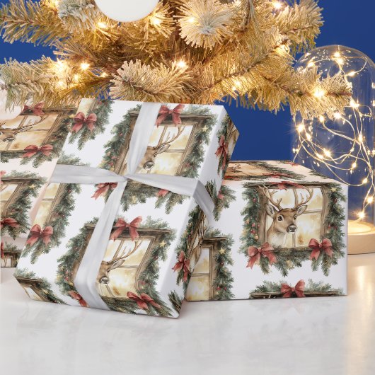 窓辺の鹿と赤いリボンのクリスマス ラッピングペーパー (クリスマス)