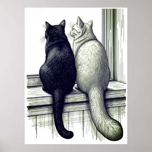 窓辺の黒猫と白猫 ポスター (正面)