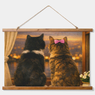 窓辺の2匹の猫 - たそがれの壁掛けタペストリー 吊り下げ型タペストリー