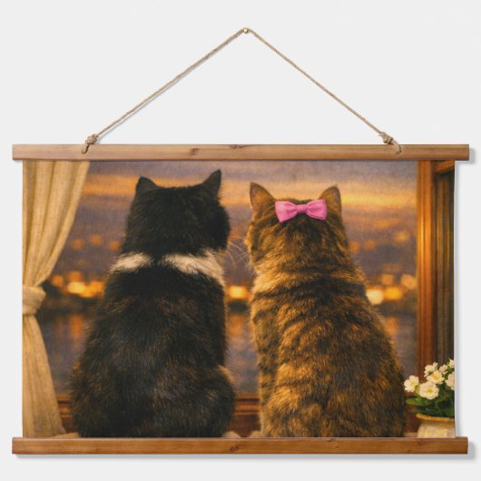 窓辺の2匹の猫 - たそがれの壁掛けタペストリー 吊り下げ型タペストリー (正面)