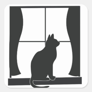 窓際に座るシルエットの猫 スクエアシール