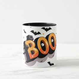 立体的なオレンジと黒のBOOでハロウィンを盛り上げる マグカップ