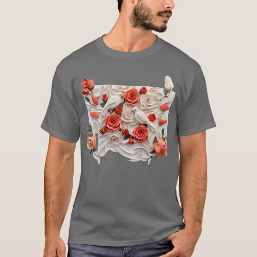 立体的なバラと鳥の少女 Tシャツ (正面)