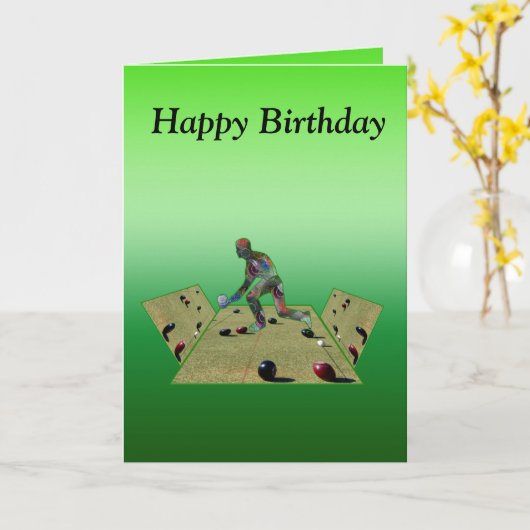 立体的な芝生ボウリングをする人、 クリケットの投手デザイン誕生日カード カード (黄色い花)