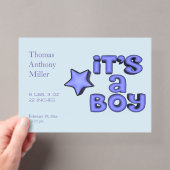 立体的な青い星の付いた「It's A Boy」 アクリル招待状 (インサイチュ (ポータブル))