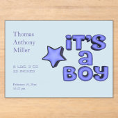 立体的な青い星の付いた「It's A Boy」 アクリル招待状 (正面)