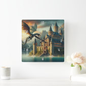 竜に攻められた古代飛んでいる城 スクエア壁時計 (ホーム)